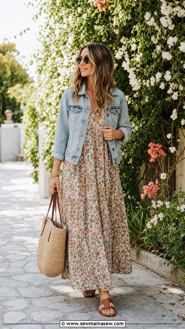 Floral Maxi Dress with Cropped Denim Jacket and Flat Sandals - 35 casual boho outfits