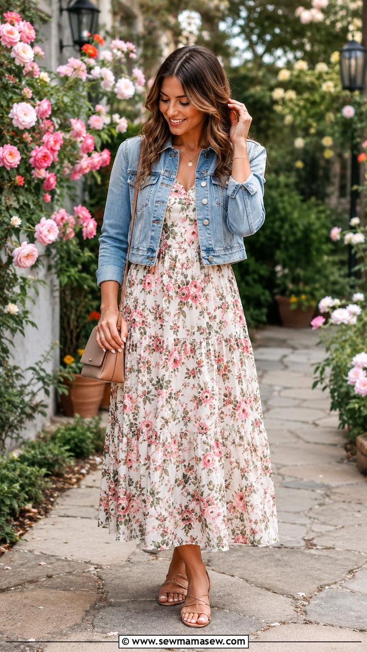 Floral Maxi Dress with Cropped Denim Jacket - 20 Summer outfits for 60 degree weather