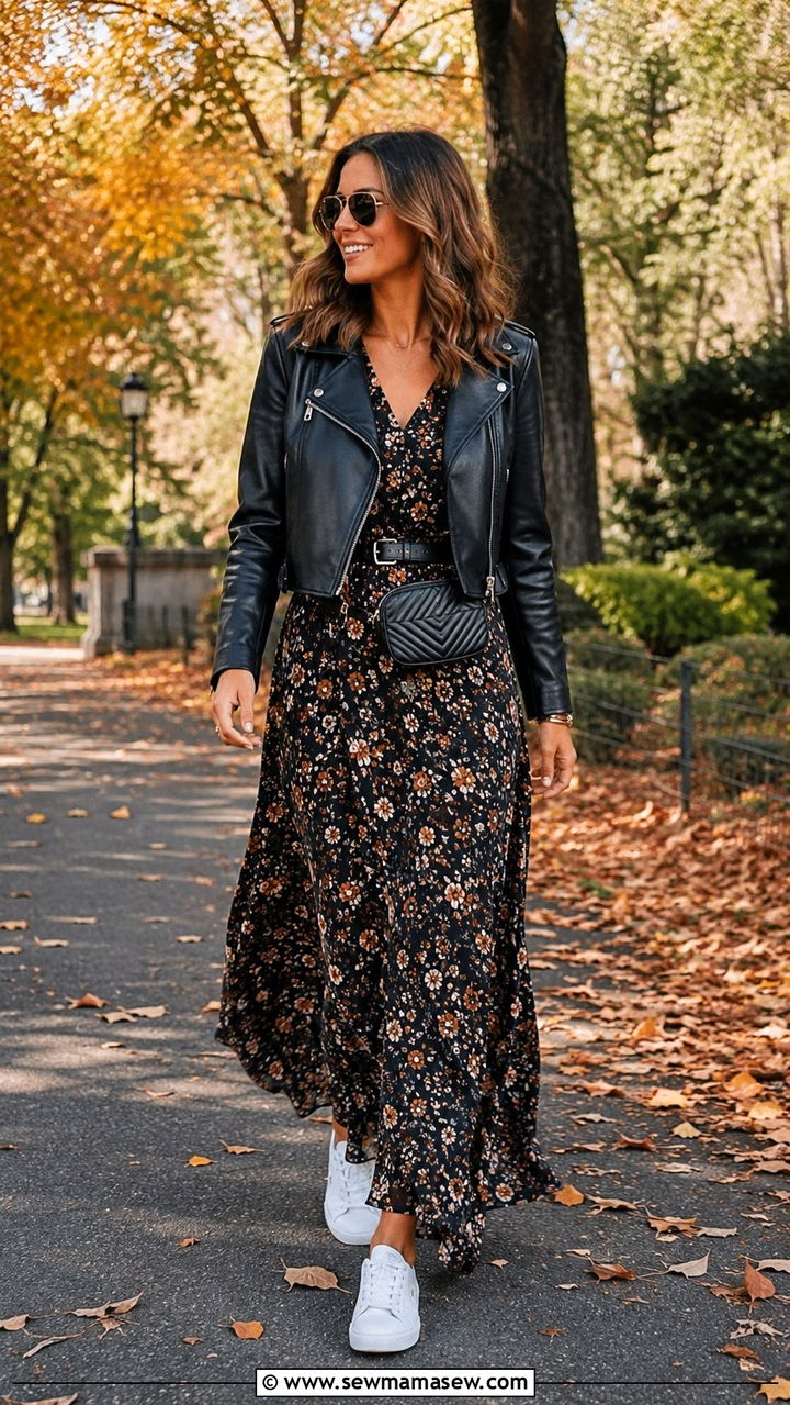 Floral Maxi Dress with Cropped Leather Jacket and Sneakers - 30 Transitional dress outfit ideas