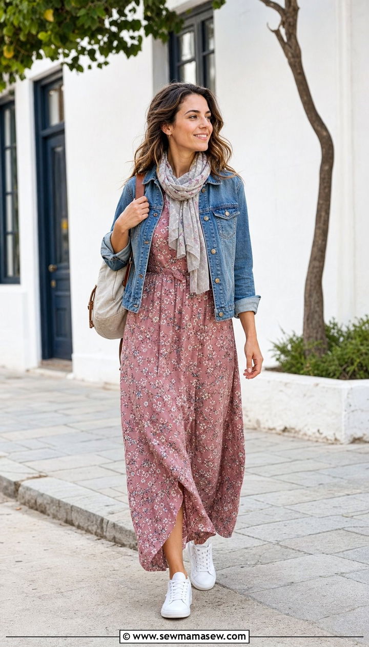 Floral Maxi Dress with Denim Jacket - 35 boho outfits for women