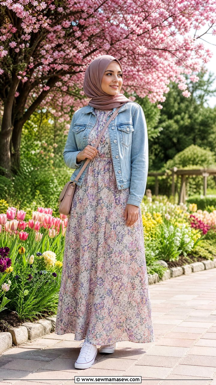 Floral Maxi Dress with Denim Jacket - 30 Modest spring outfits