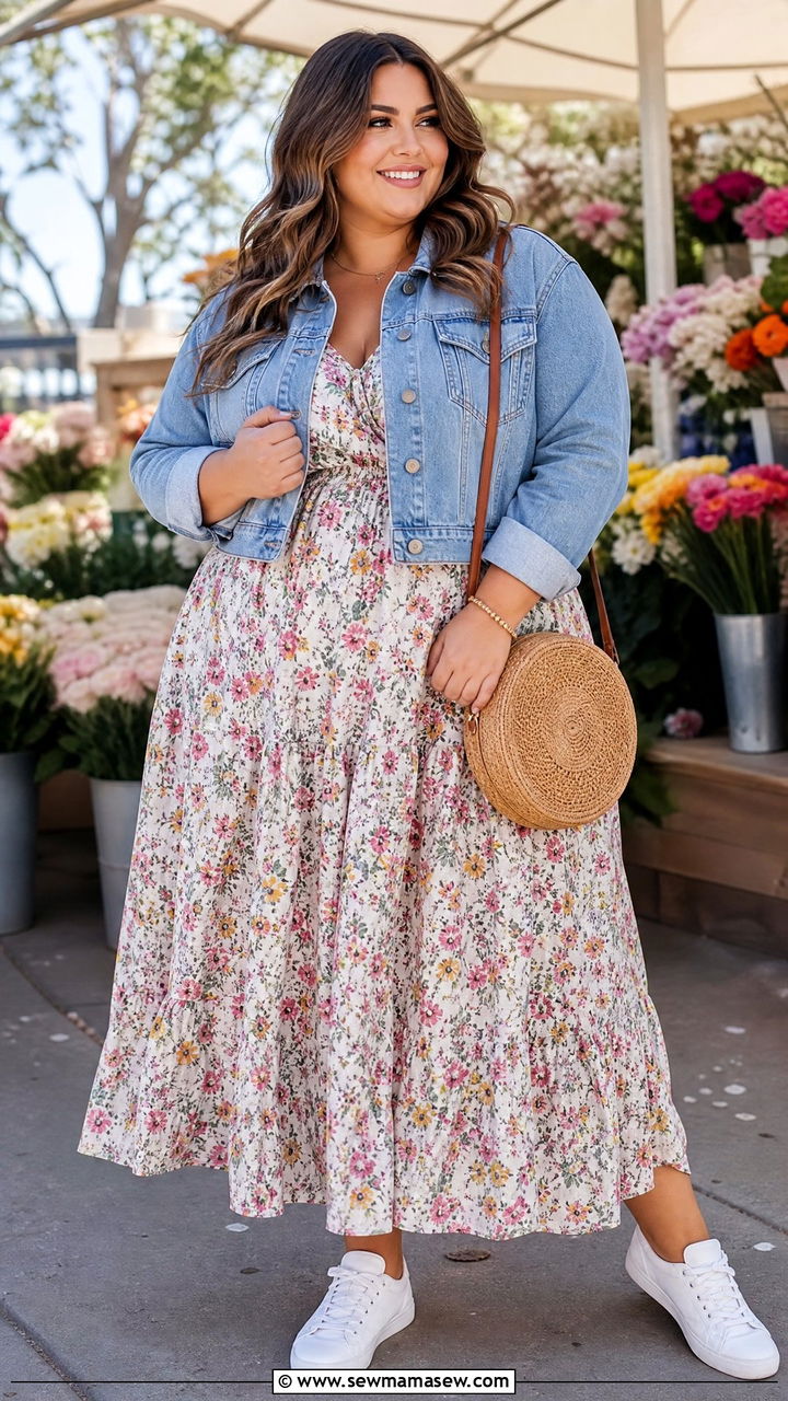 Floral Maxi Dress with Denim Jacket - 30 Cute outfits for plus size