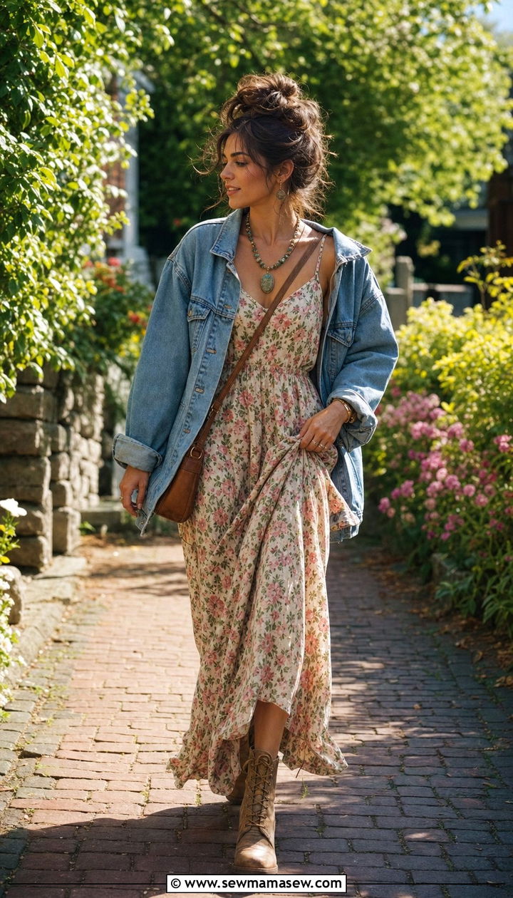 Floral Maxi Dress with Denim Jacket and Ankle Boots - 25 spring 90s outfit ideas
