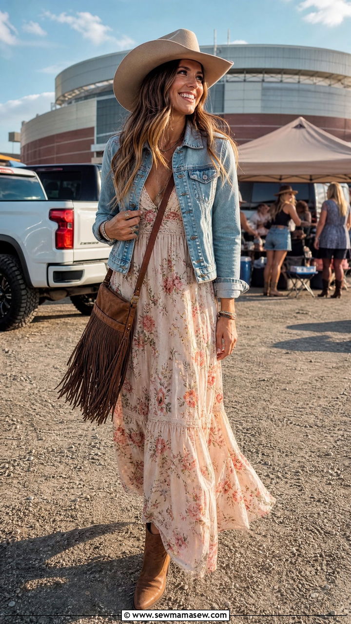 Floral Maxi Dress with Denim Jacket and Ankle Boots - 25 Arena concert outfit ideas
