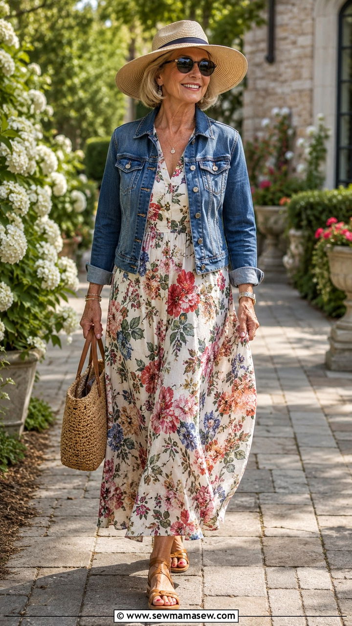 Floral Maxi Dress with Denim Jacket and Flat Sandals - 25 Weekend outfit ideas for women over 60