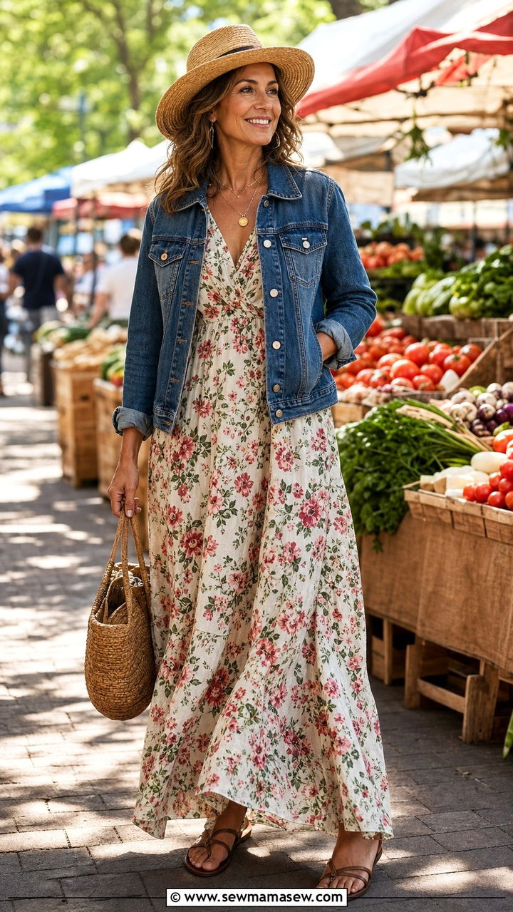 Floral Maxi Dress with Denim Jacket and Flat Sandals - 25 comfortable outfit ideas for women over 40