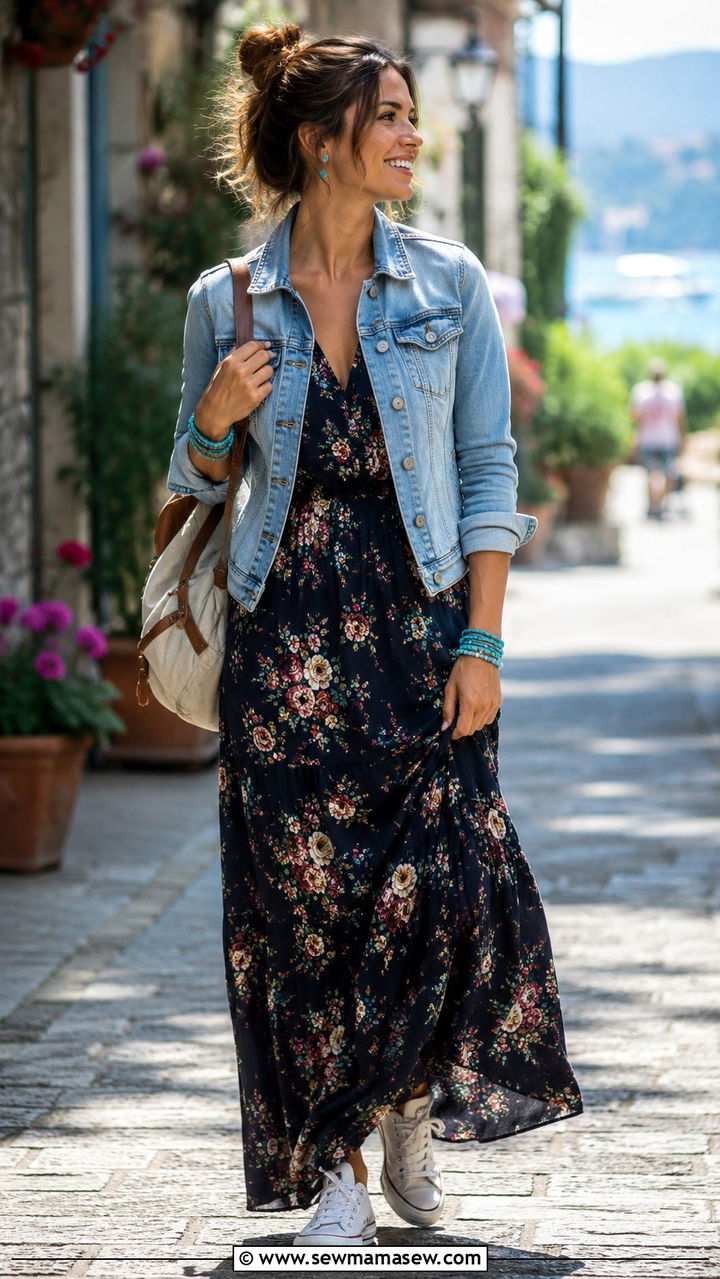 Floral Maxi Dress with Denim Jacket and Turquoise Beaded Bracelets - 25 Boho outfit ideas with turquoise jewelry