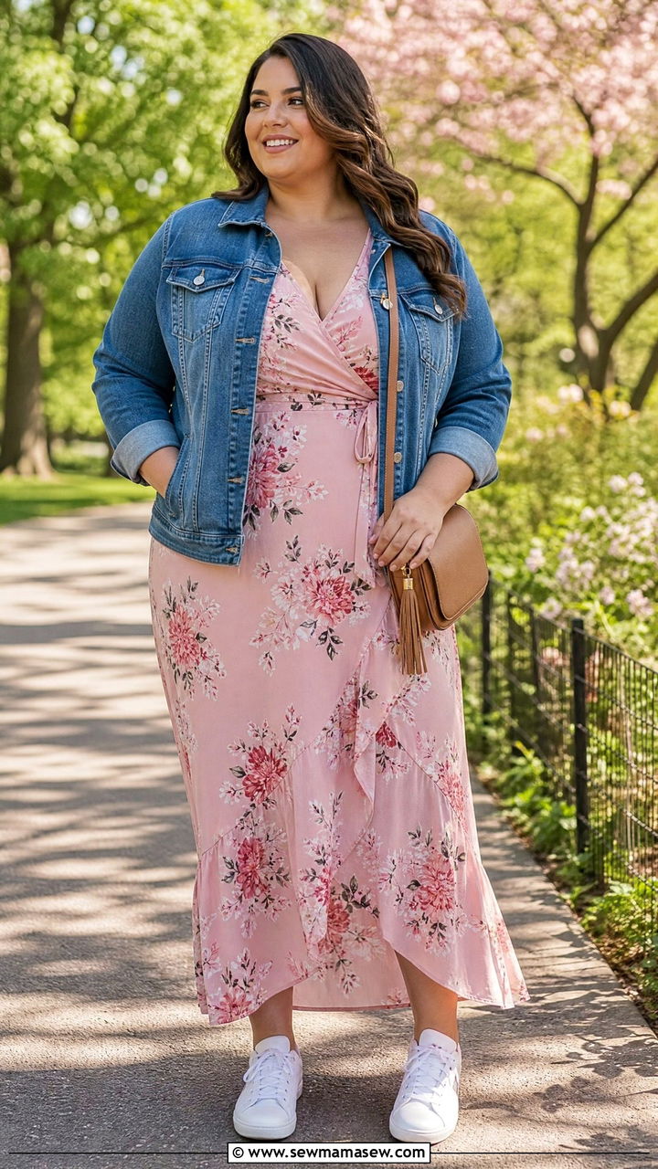 Floral Maxi Dress with Denim Jacket and White Sneakers - 25 Maxi dress for plus size outfit ideas