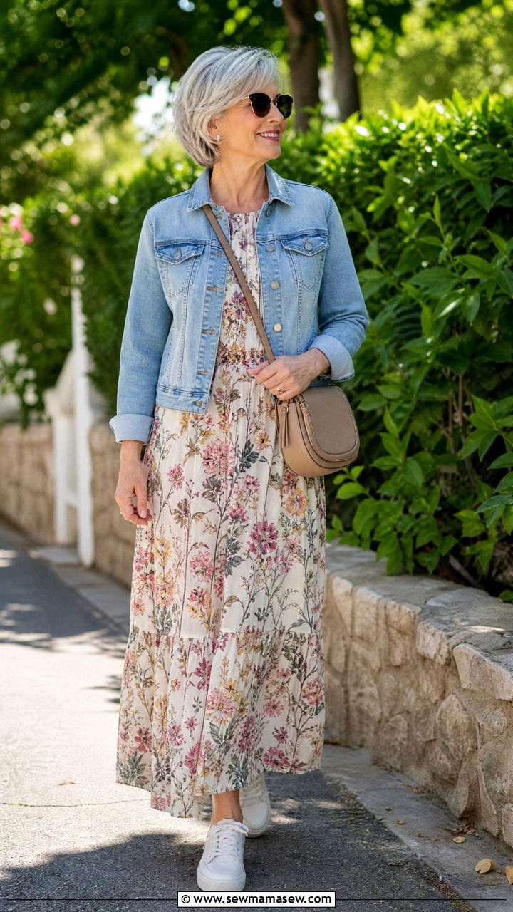 Floral Maxi Dress with Denim Jacket and White Sneakers - 30 Maxi dress for women over 50 outfit ideas