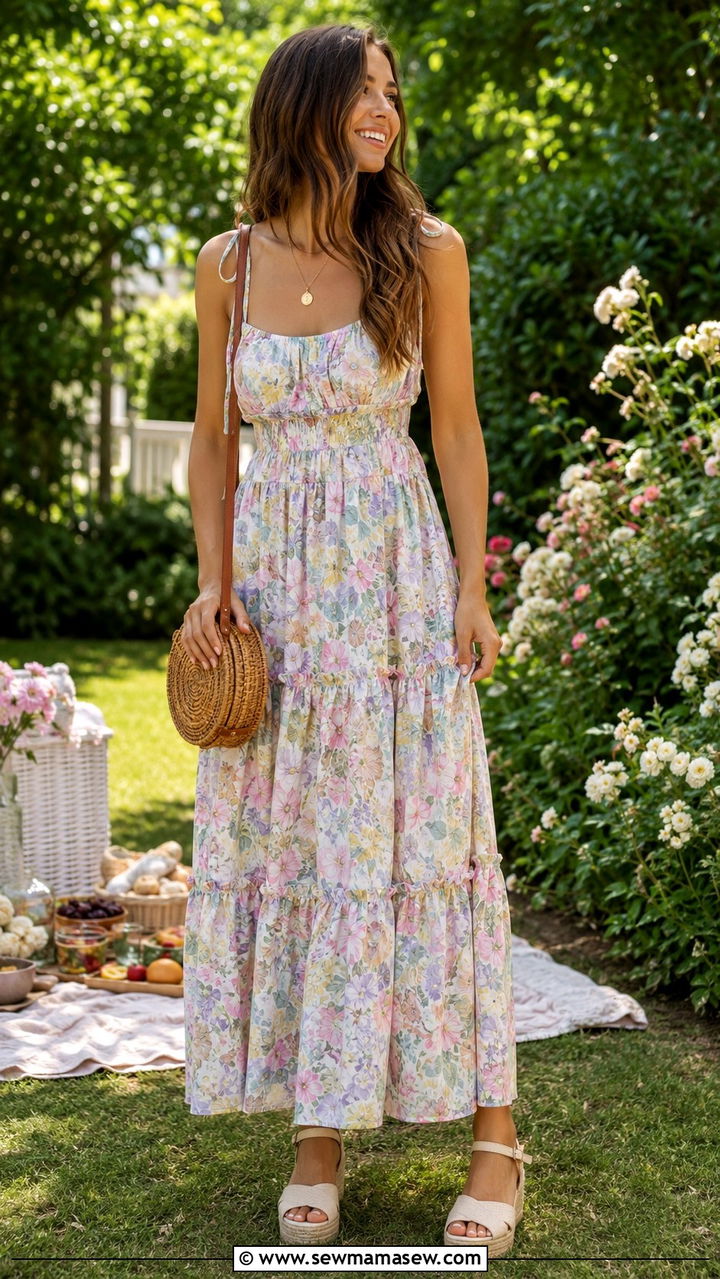 Floral Maxi Dress with Espadrilles and Rattan Bag - 30 Picnic outfit ideas