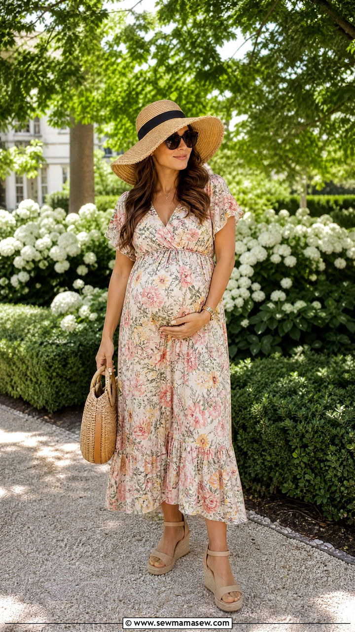 Floral Maxi Dress with Espadrilles and Straw Hat - 30 Summer outfit ideas for pregnant women