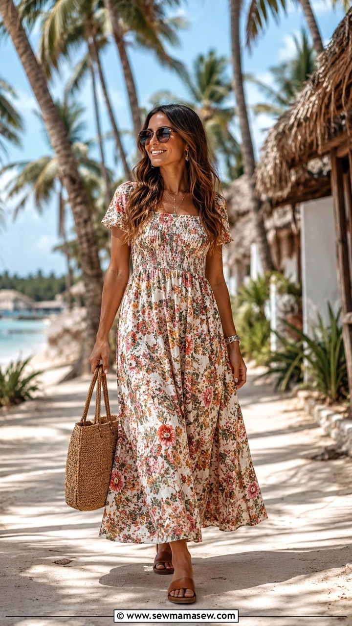Floral Maxi Dress with Flat Sandals - 25 Zanzibar outfit ideas