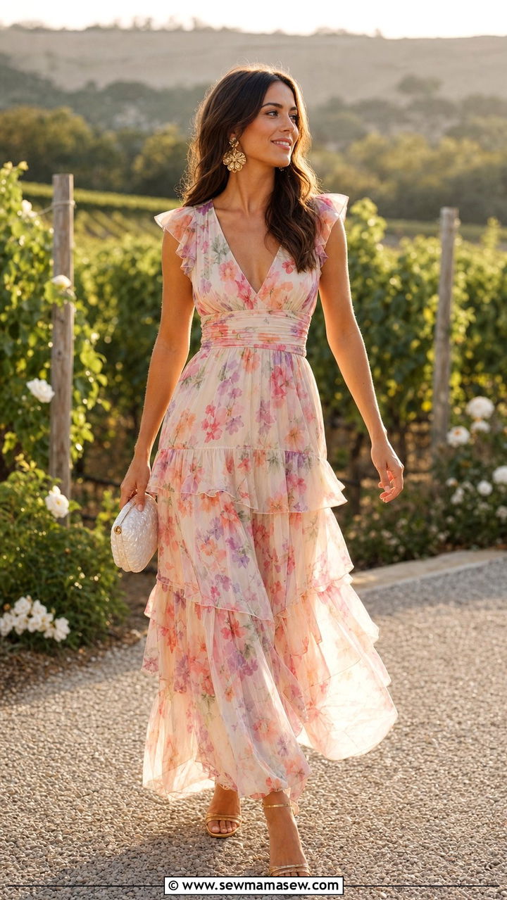 Floral Maxi Dress with Gold Strappy Sandals - 25 cute romantic outfits
