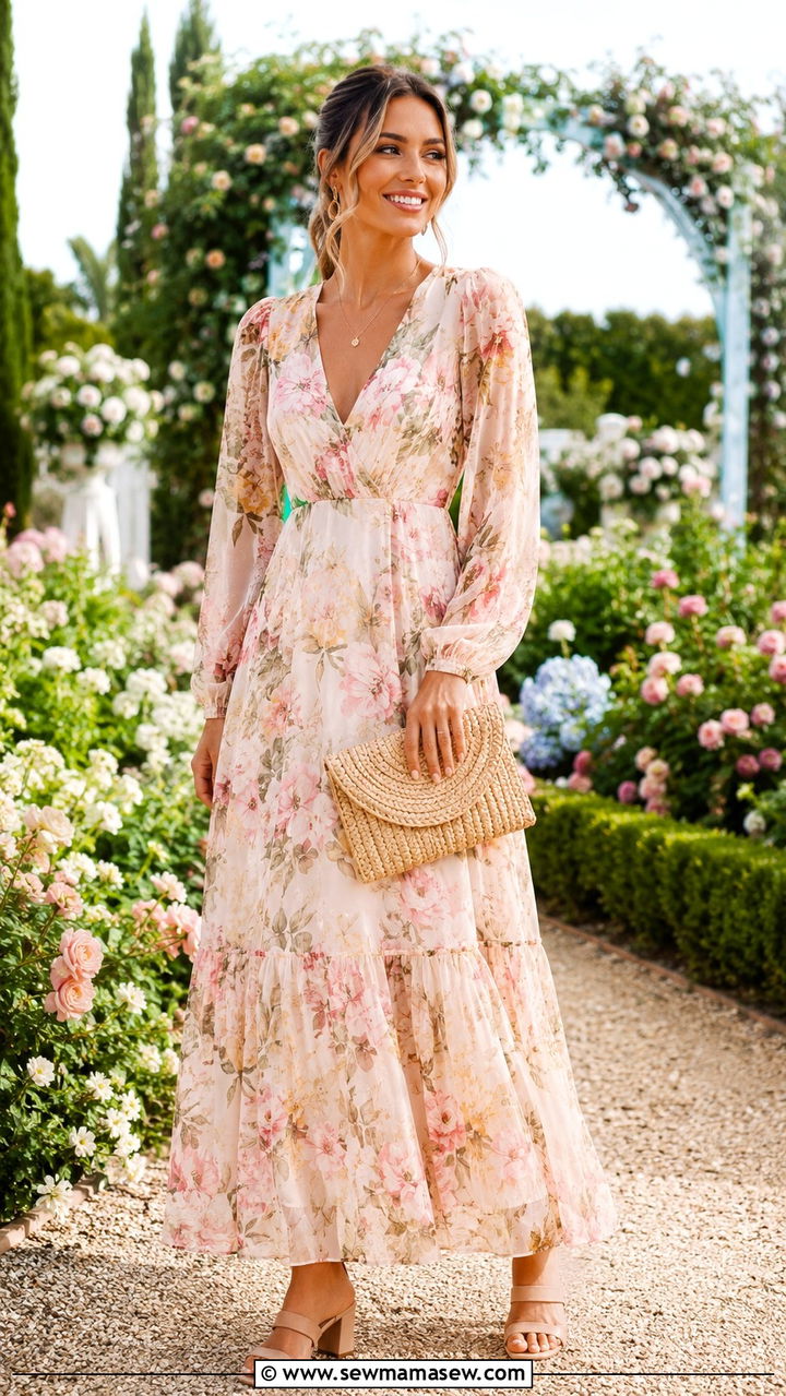 Floral Maxi Dress with Long Sleeves - 30 modest summer wedding guest outfit ideas