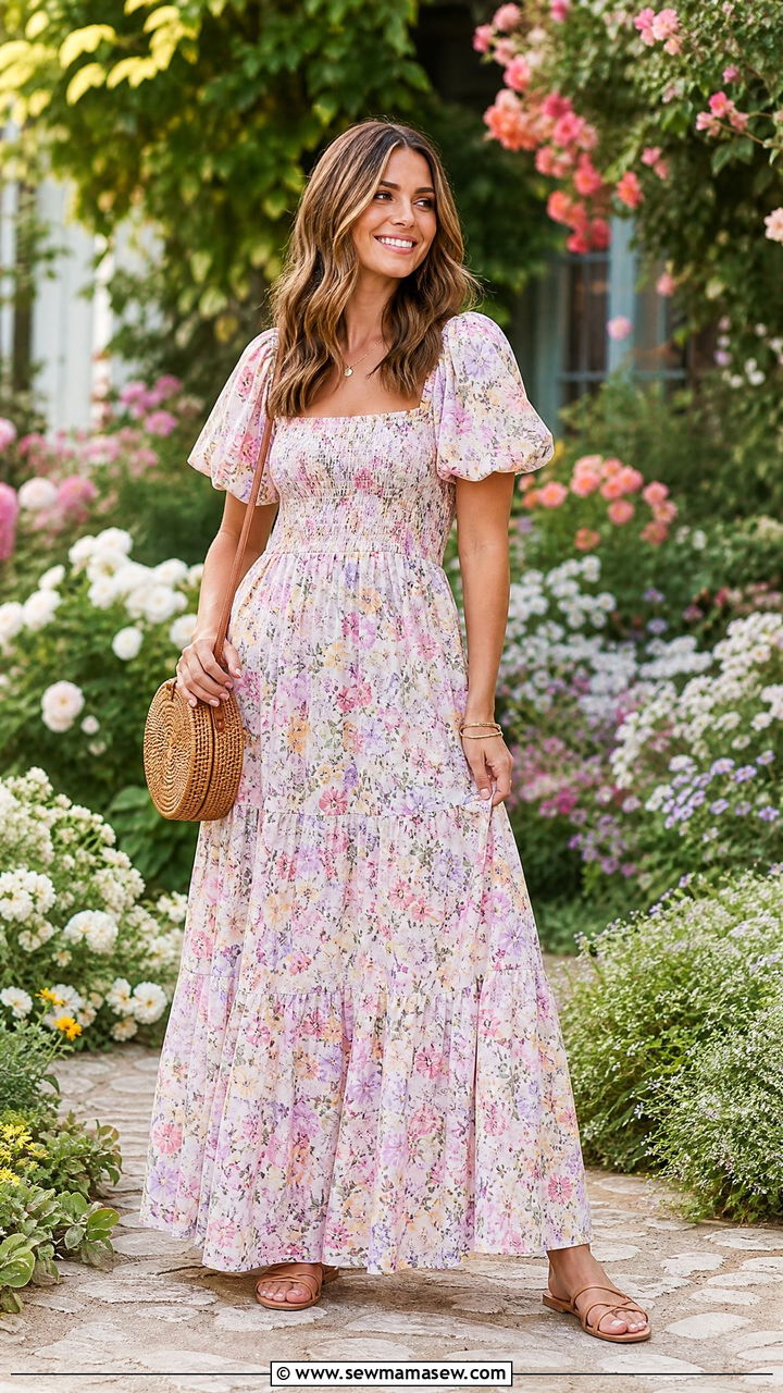 Floral Maxi Dress with Puff Sleeves - 25 modest bridal shower outfit ideas