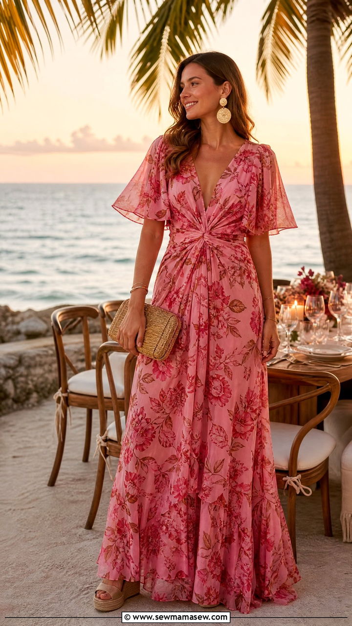Floral Maxi Dress with Statement Earrings - 30 Resort wear outfit ideas Mexico