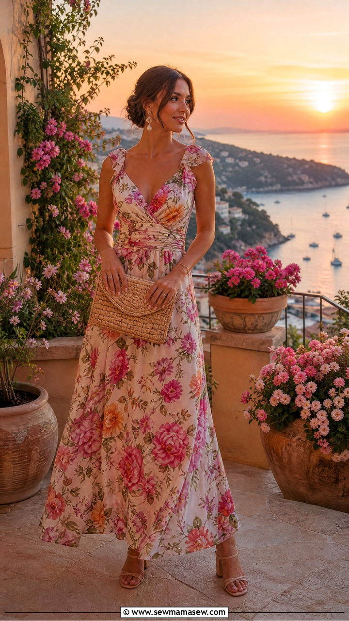 Floral Maxi Dress with Strappy Block Heels and Woven Clutch - 30 French Riviera outfit ideas