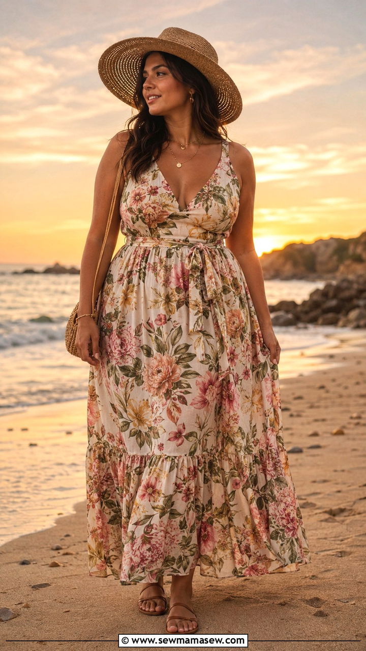 Floral Maxi Dress with Strappy Flat Sandals - 25 Outfit ideas for pear shape 2026