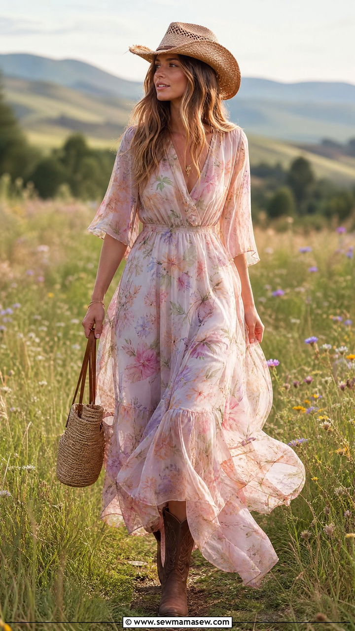 Floral Maxi Dress with Straw Cowboy Hat Outfit - 30 Country spring outfits