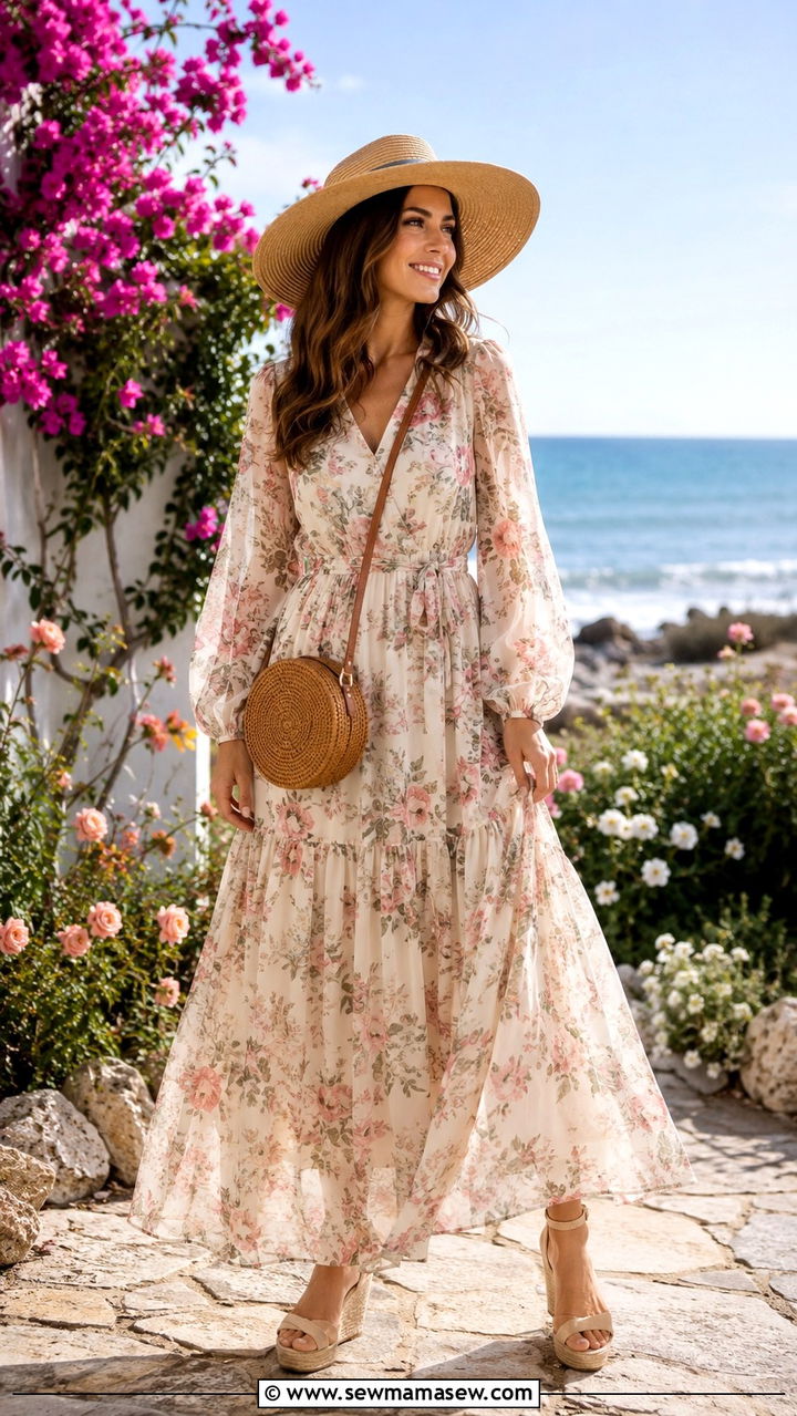 Floral Maxi Dress with Straw Hat and Wedge Sandals - 30 classy outfits for moms