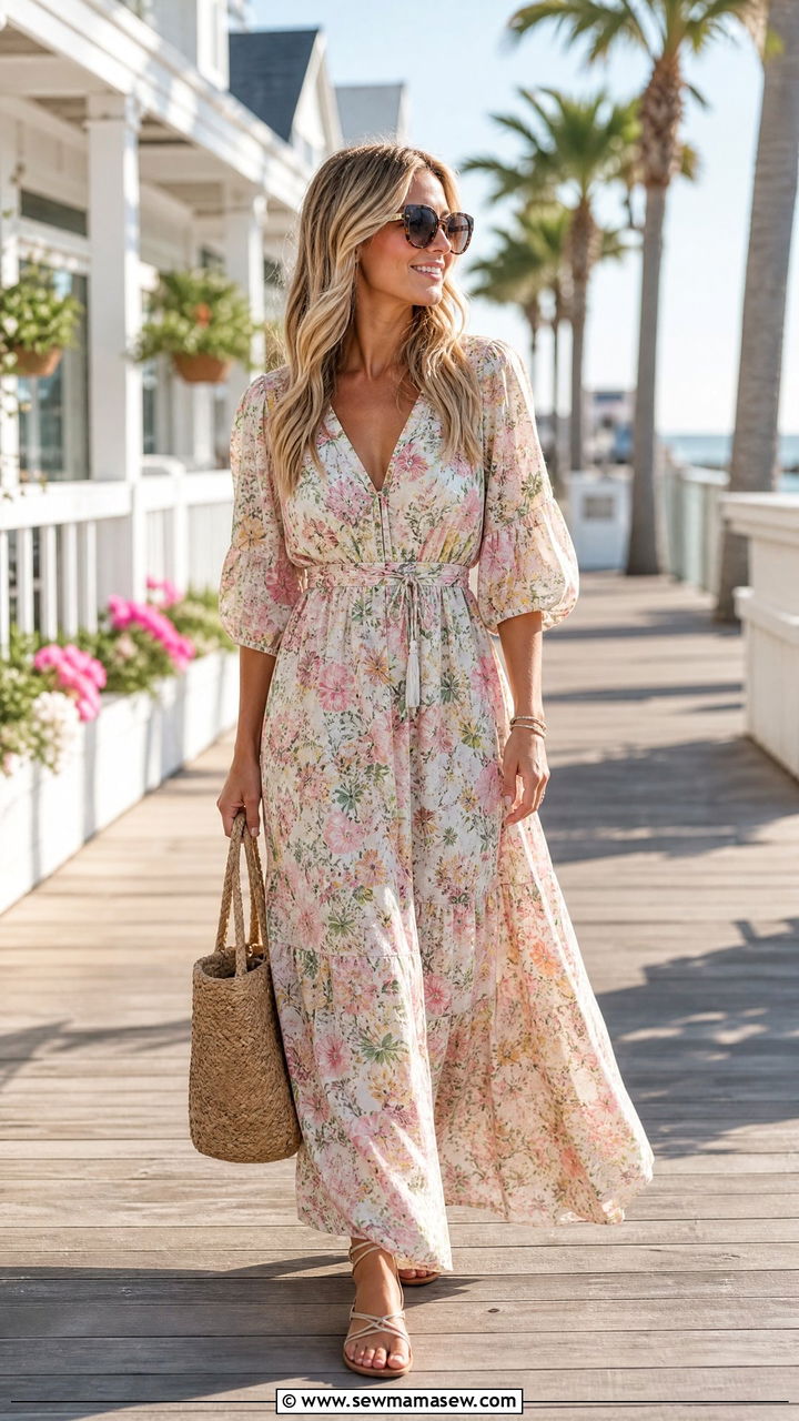 Floral Maxi Dress with Straw Tote - 40 Spring vacation outfits