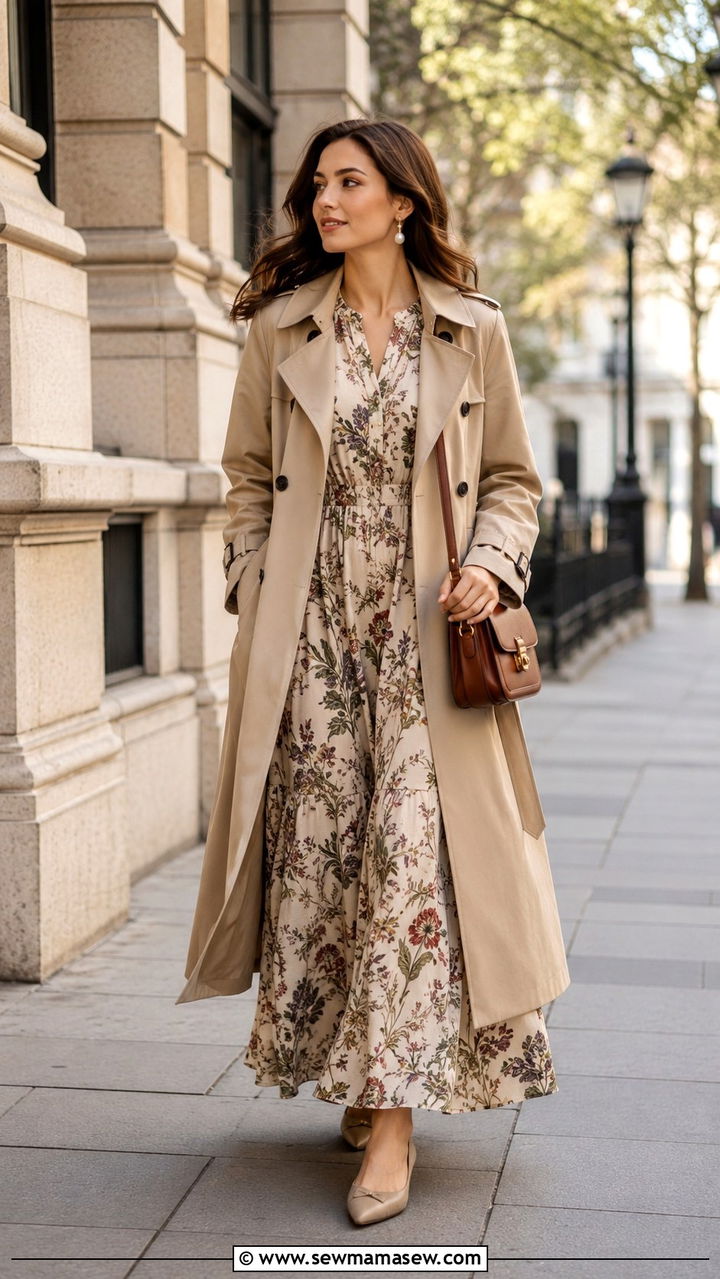 Floral Maxi Dress with Trench Coat - 30 Spring outfits with maxi dresses