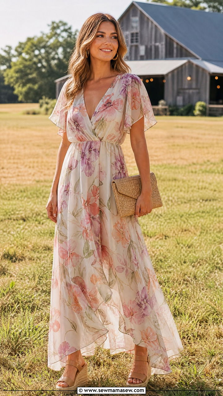 Floral Maxi Dress with Wedge Sandals - 25 Farm wedding guest outfit ideas