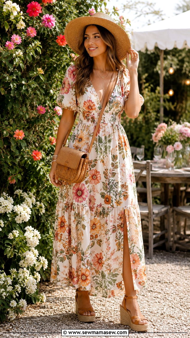 Floral Maxi Dress with Wedge Sandals - 30 classy boho chic outfit ideas