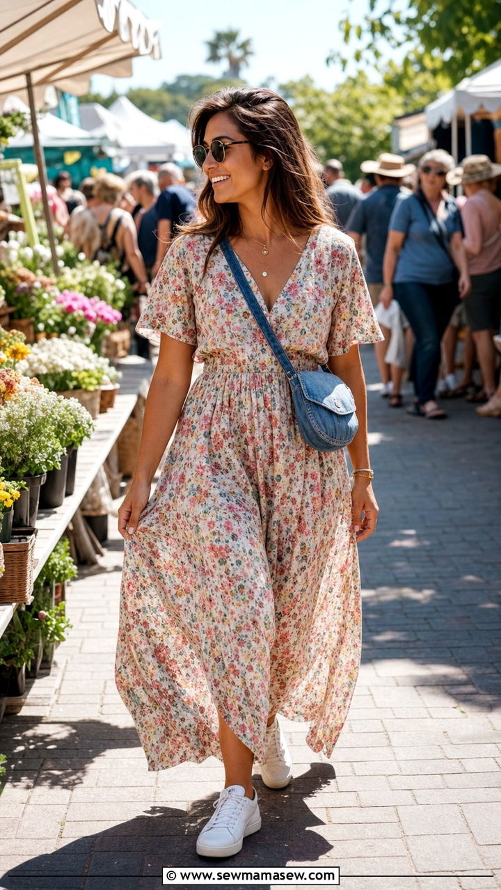 Floral Maxi Dress with White Sneakers - 25 cute modest classy outfits