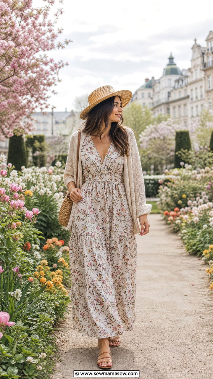Floral Maxi Dress with a Light Cardigan and Flat Sandals - 25 Brussels outfit ideas