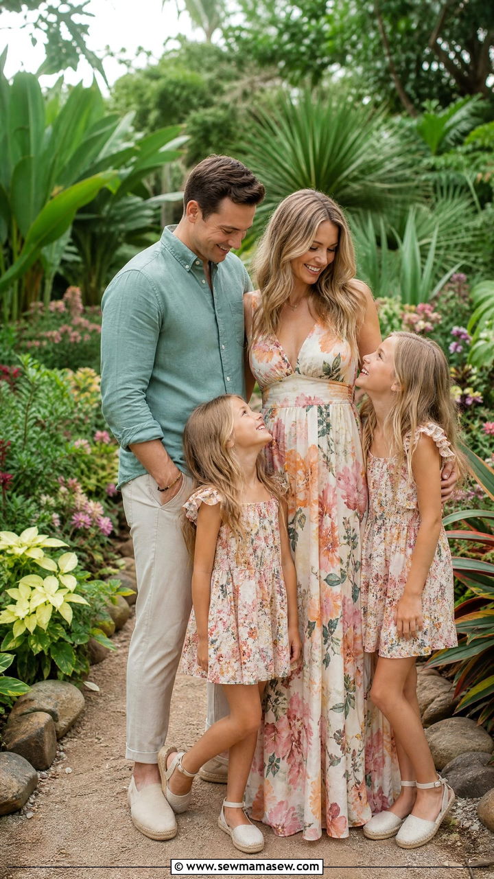 Floral Maxi Dresses with Chambray Shirts for Garden Sessions - 30 Family photoshoot outfit ideas