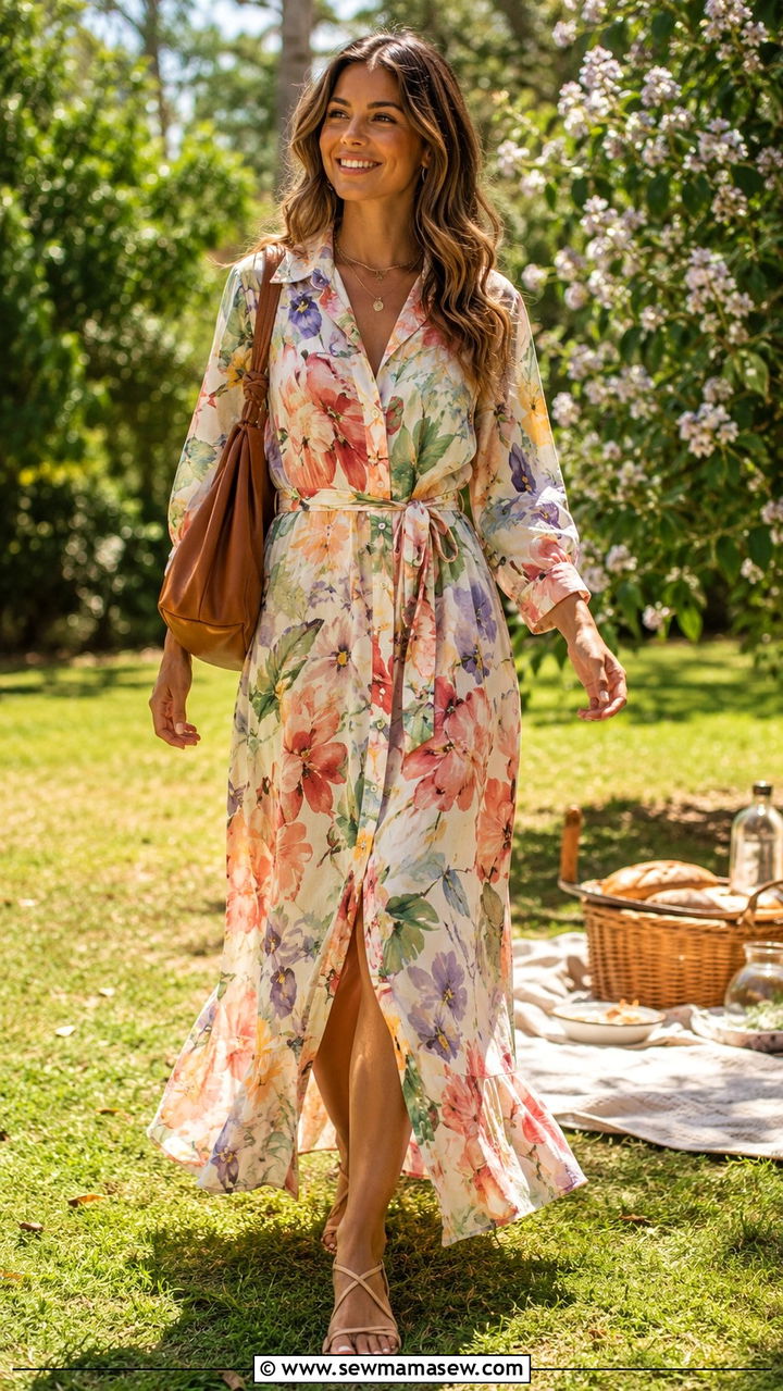 Floral Maxi Shirt Dress With Sandals - 30 shirt dress outfit ideas