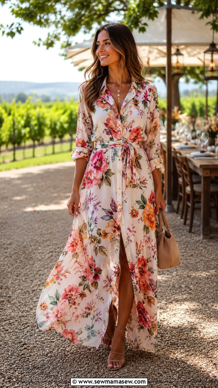 Floral Maxi Shirt Dress With Strappy Sandals - 30 Shirt dress outfit ideas for summer
