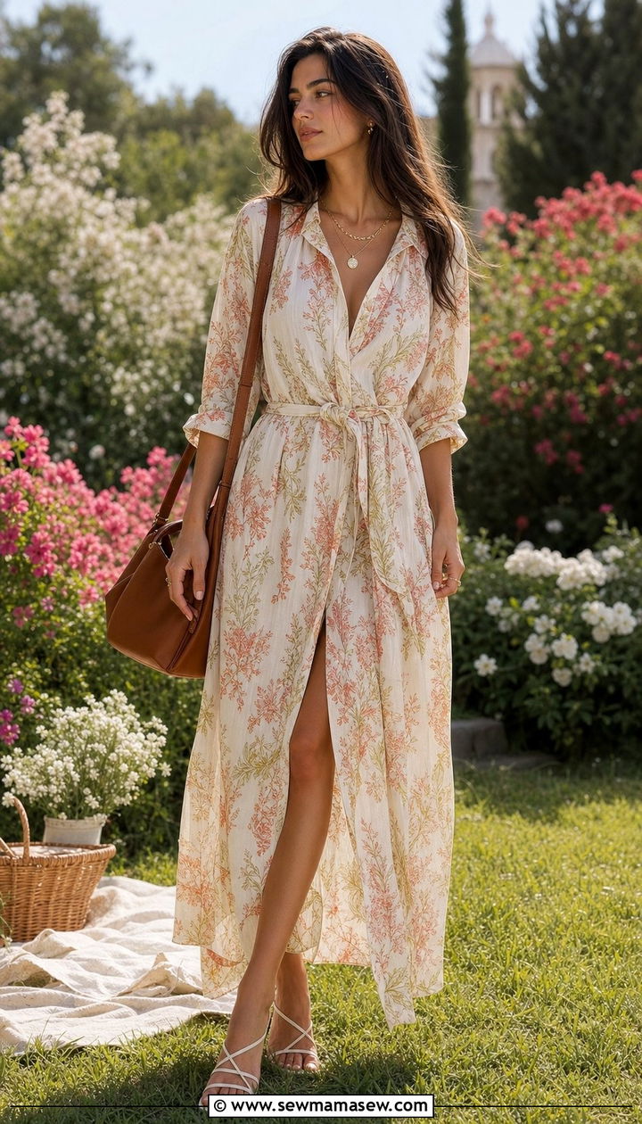 Floral Maxi Shirt Dress with Strappy Sandals - 25 spring shirt dress outfit ideas