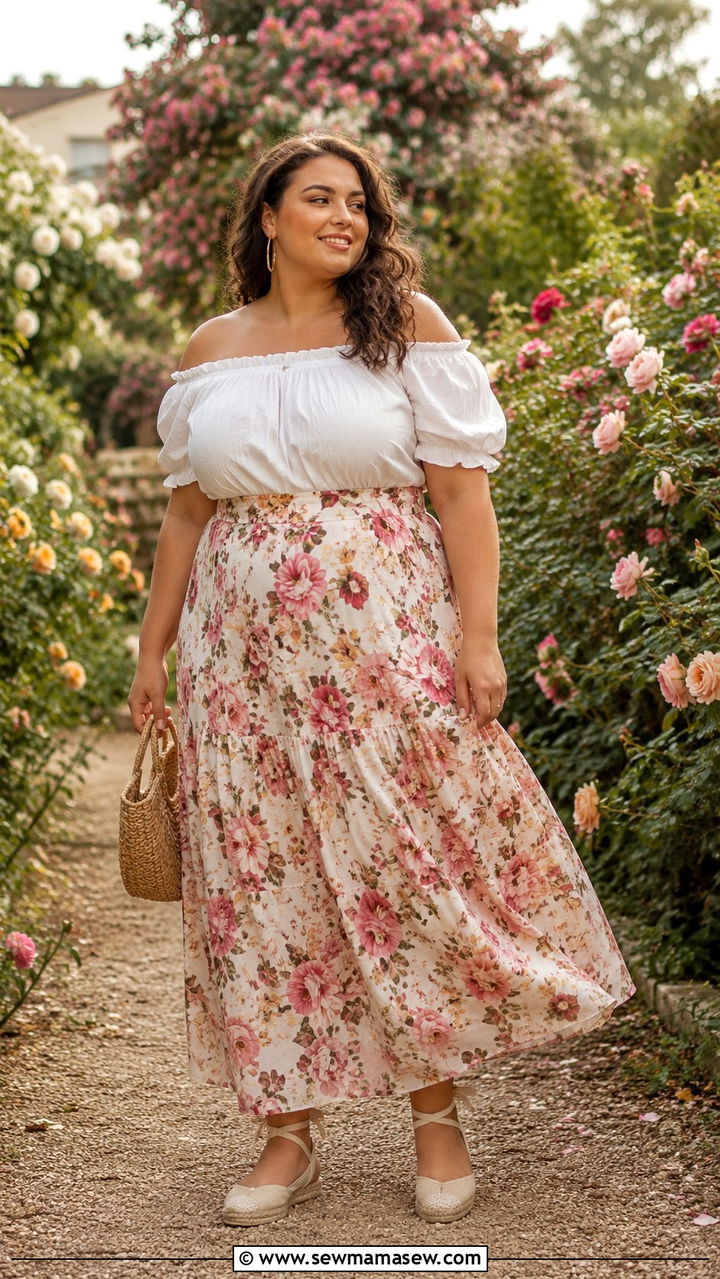 Floral Maxi Skirt And Off Shoulder Blouse - 25 Plus size outfit ideas size 16 summer