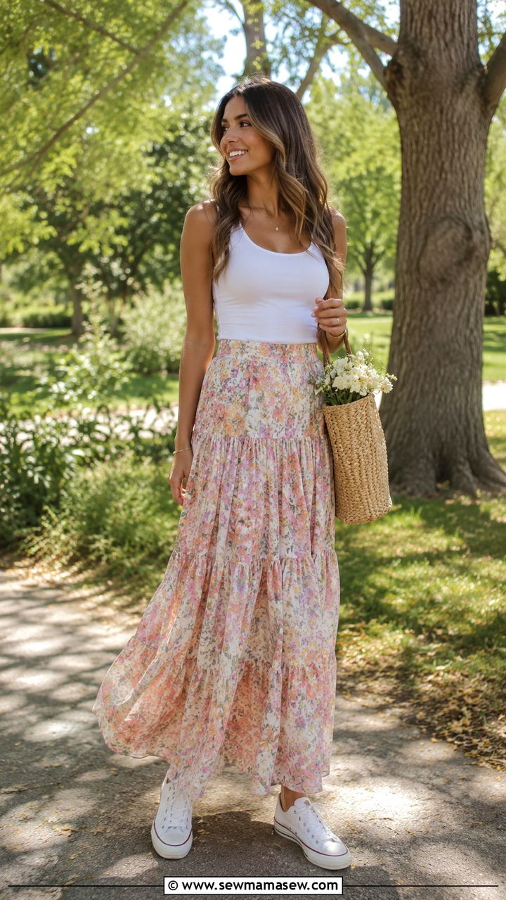 Floral Maxi Skirt With Canvas Sneakers And Fitted Tank - 25 White sneakers outfit ideas with a skirt