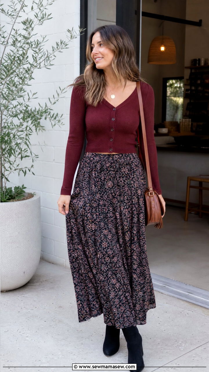 Floral Maxi Skirt With Cropped Cardigan And Ankle Boots - 35 maxi skirt outfits aesthetic