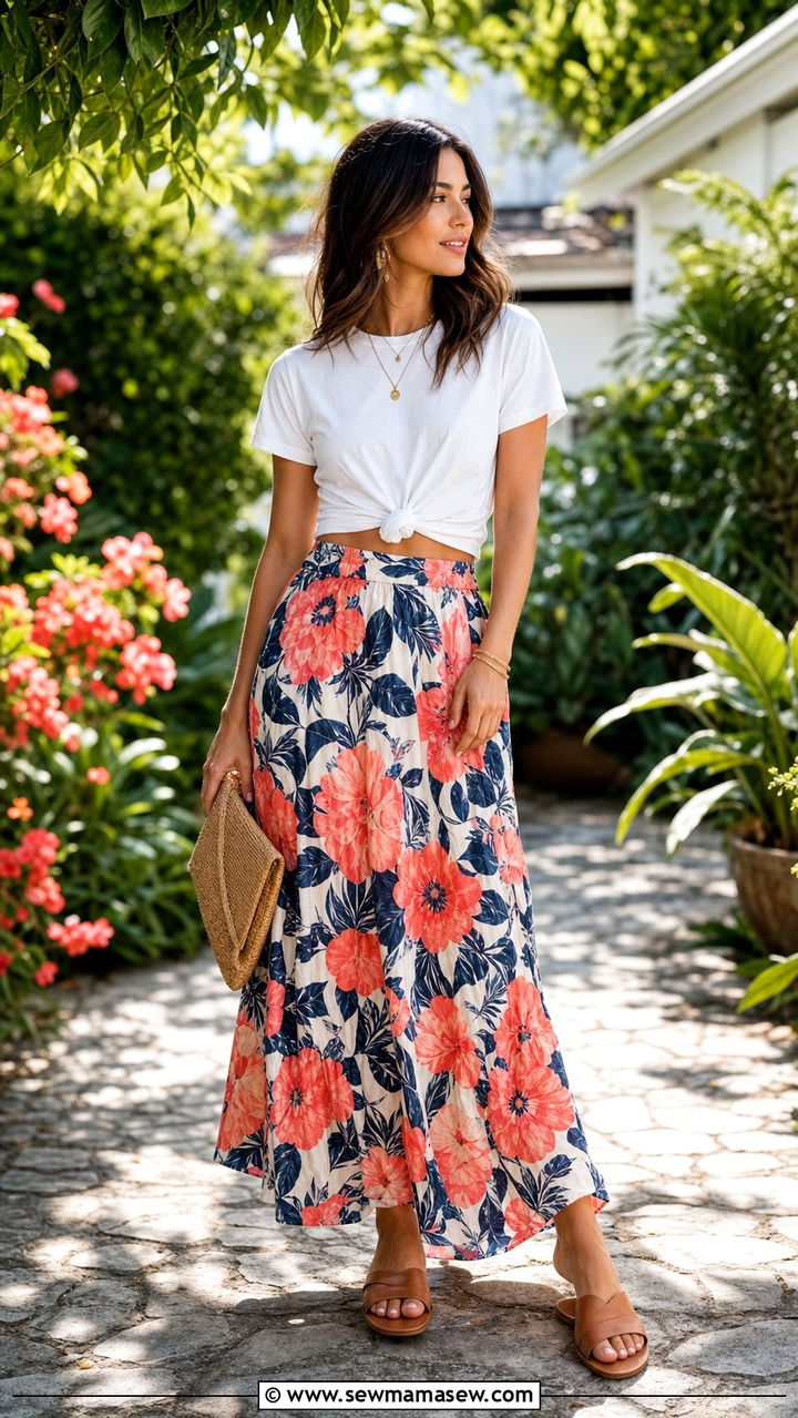 Floral Maxi Skirt With Cropped Tee - 25 summer maxi skirt outfit ideas