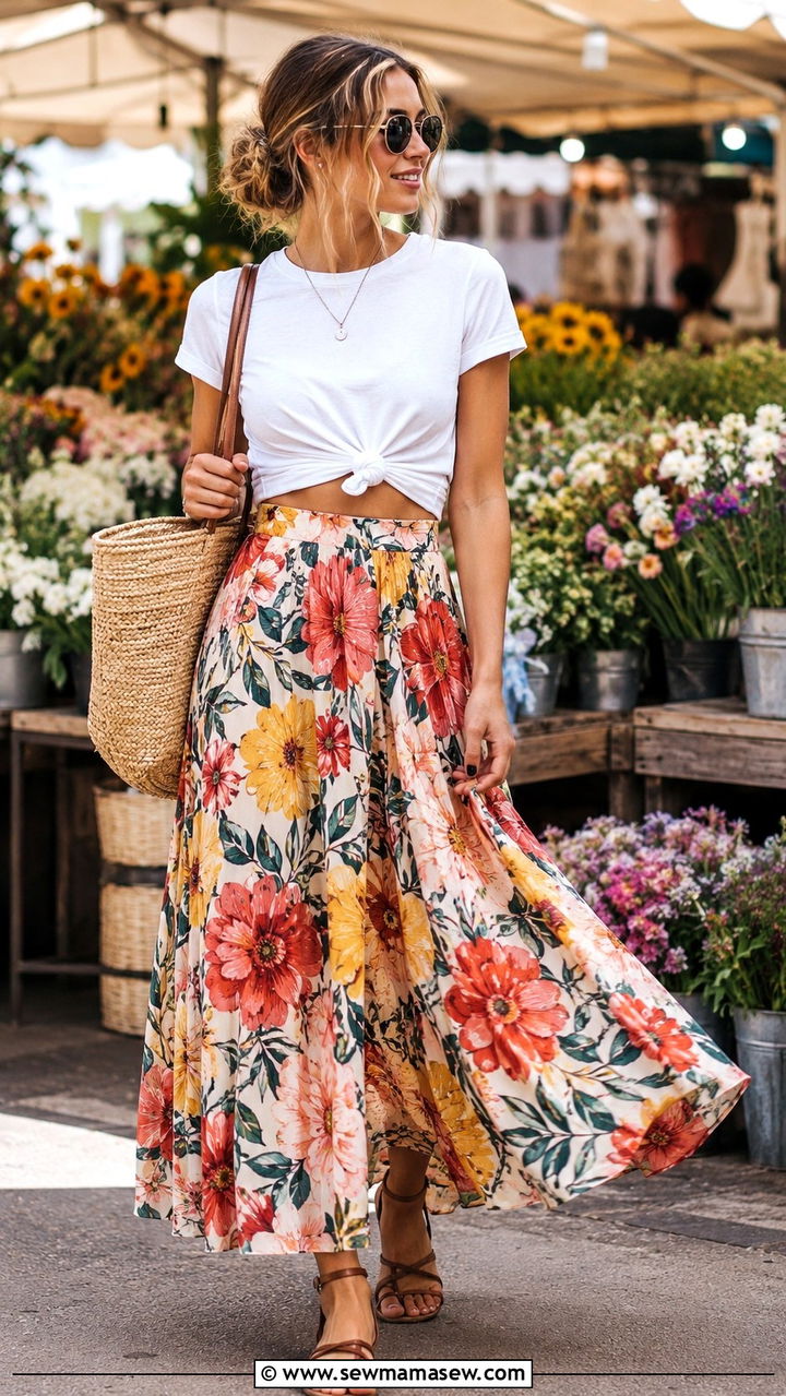 Floral Maxi Skirt With Cropped White Tee - 30 Maxi skirt outfit ideas for summer