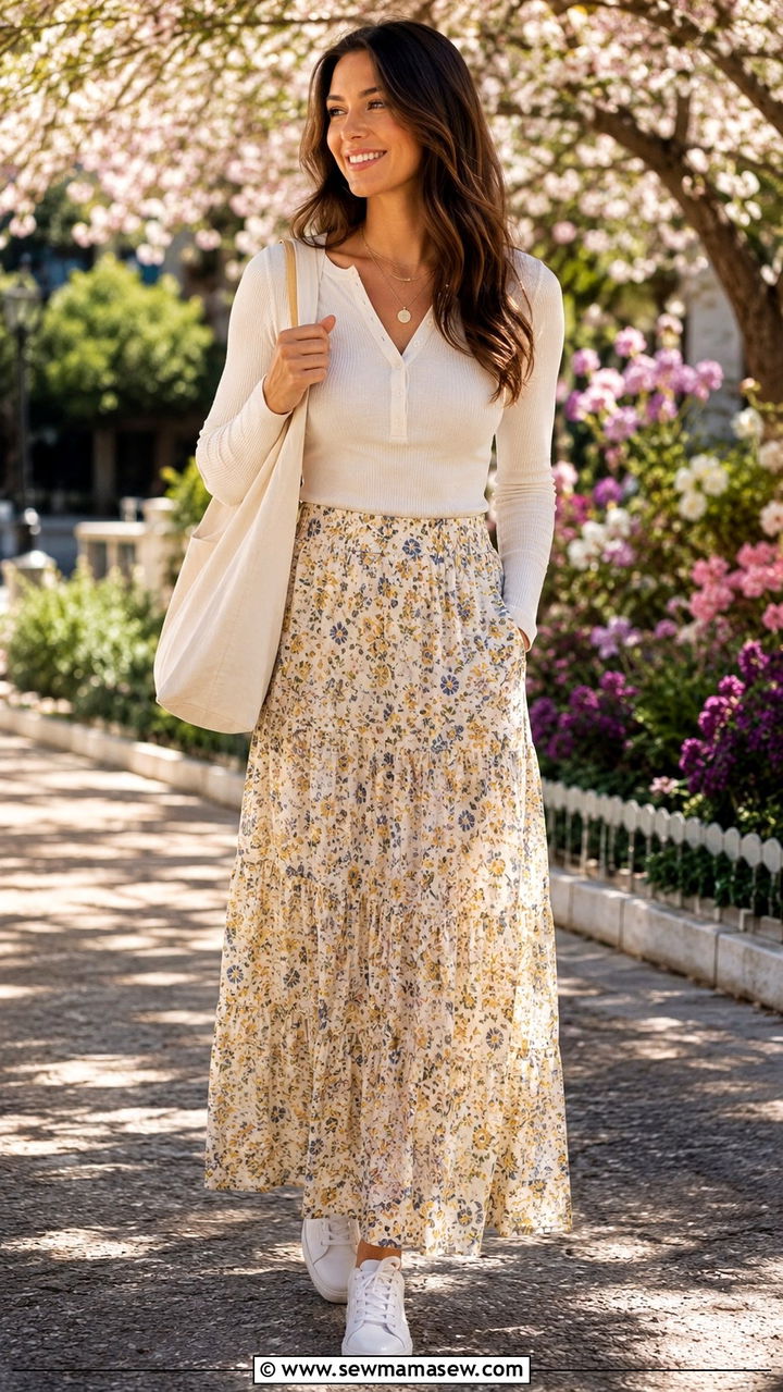 Floral Maxi Skirt With Fitted Henley and White Leather Sneakers - 30 Maxi skirt outfit ideas with sneakers
