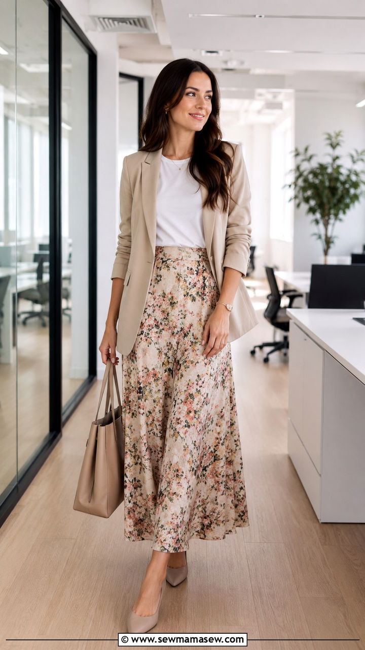 Floral Maxi Skirt With Neutral Blazer - 30 Maxi skirt outfit ideas for work