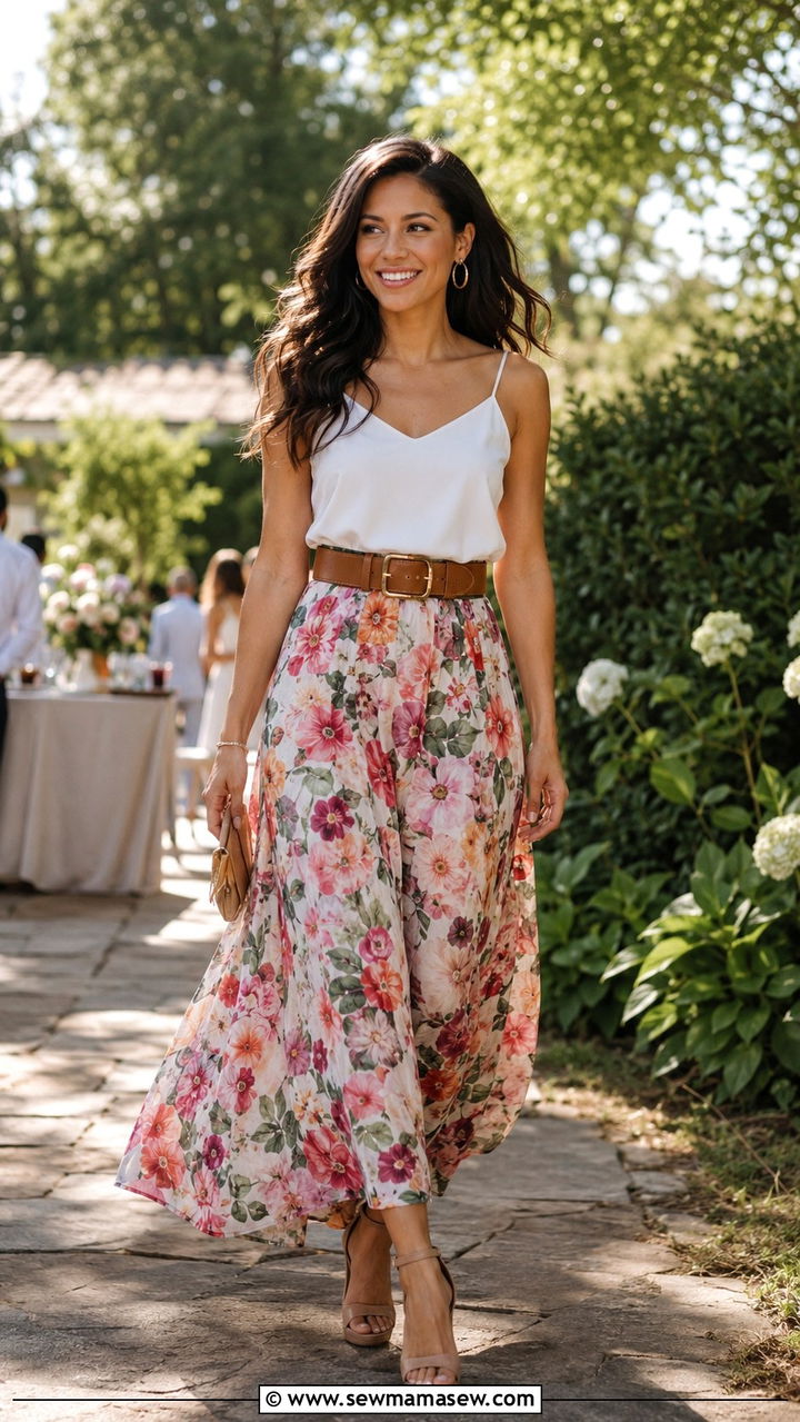 Floral Maxi Skirt With White Camisole And Block Heels - 30 Spring graduation party outfit ideas