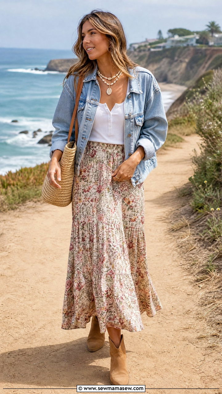 Floral Maxi Skirt With White Tank And Denim Jacket - 25 classy coastal cowgirl outfit ideas