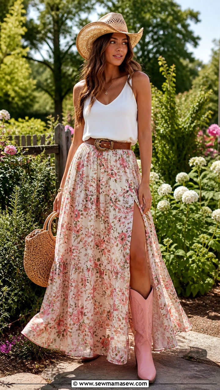 Floral Maxi Skirt With White Top and Pink Boots - 20 coastal cowgirl outfits to copy
