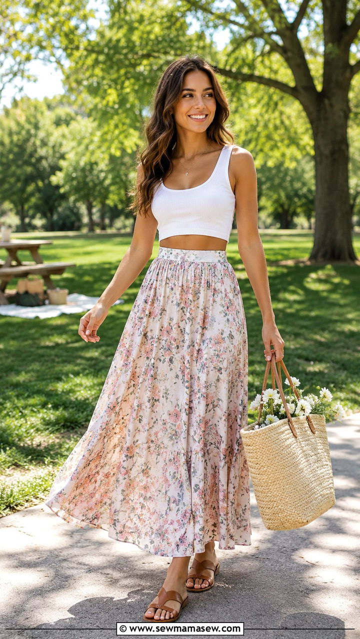 Floral Maxi Skirt with Cropped Tank - 30 Maxi skirt outfit ideas with a crop top