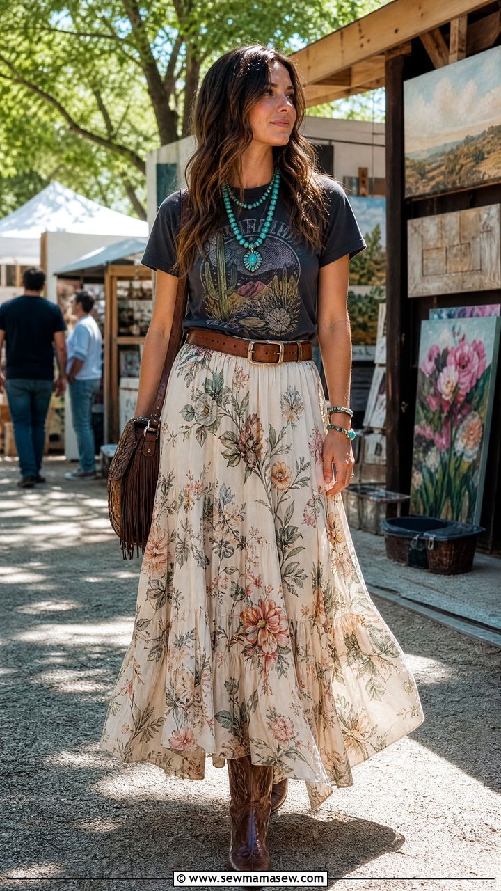 Floral Maxi Skirt with Graphic Tee and Turquoise Accessories - 40 Western outfit ideas