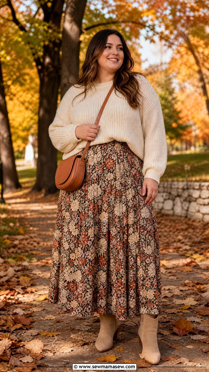 Floral Maxi Skirt with Knit Sweater - 25 Maxi skirt outfit ideas plus size