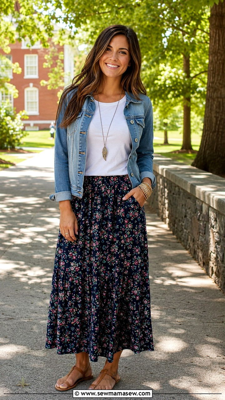 Floral Maxi Skirt with Simple Tee and Denim Jacket - 30 Spring outfit ideas for teacher