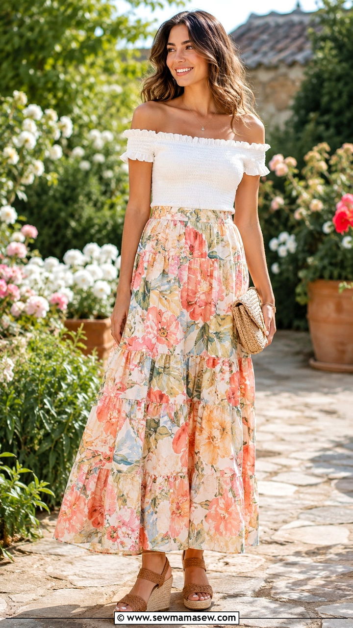 Floral Maxi Skirt with Wedge Heels - 30 Maxi skirt outfit ideas with heels