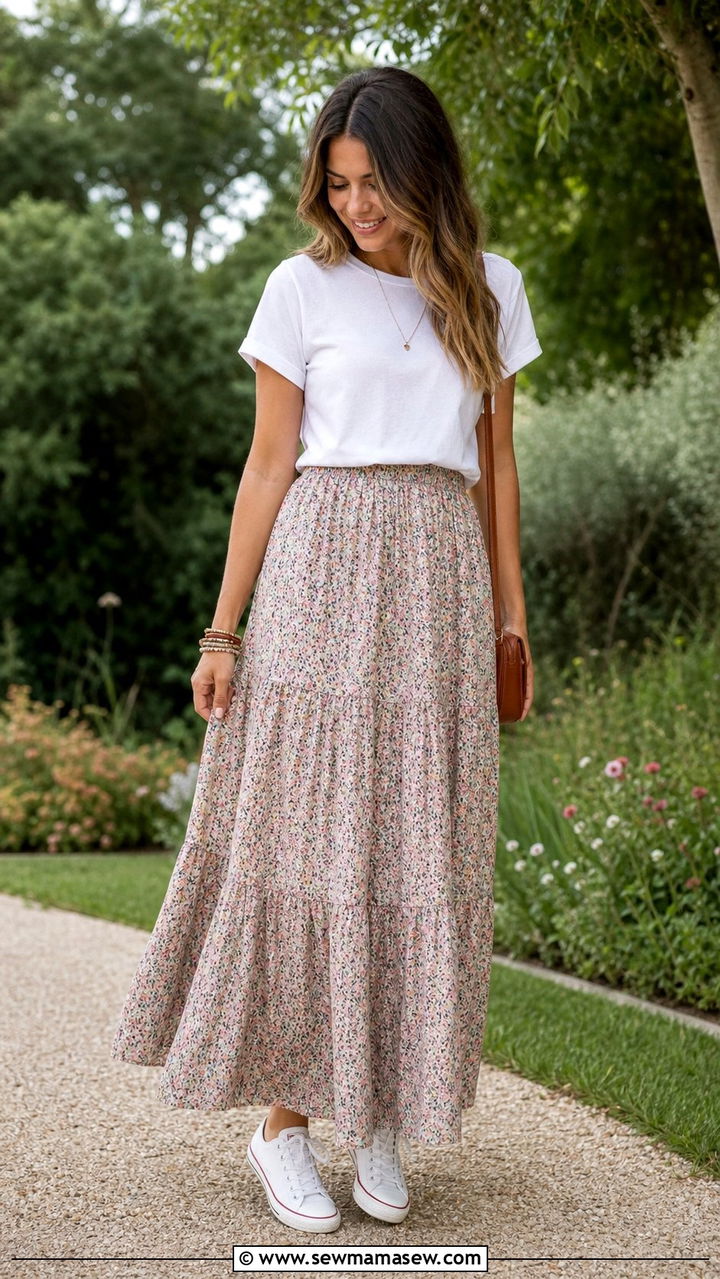 Floral Maxi Skirt with White Tee and Sneakers - 35 casual maxi skirt outfits